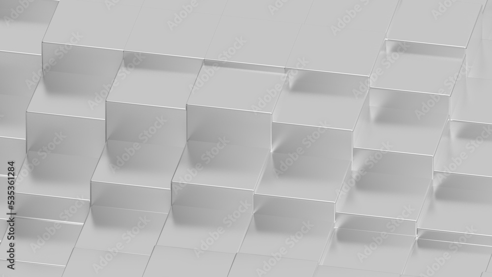 Abstract background with waves made of a lot of metallic white-black cubes geometry primitive forms that goes up and down under black-white lighting. 3D illustration. 3D CG. High resolution. Abstract background with waves made of a lot of metallic white-black cubes geometry primitive forms that goes up and down under black-white lighting. 3D illustration. 3D CG. High resolution.