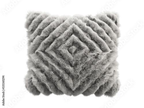 Gray fluffy square eco fur accent pillow. 3d render