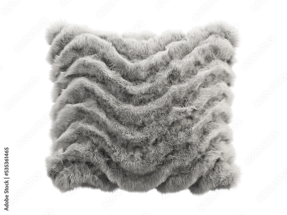 Fototapeta premium Gray fluffy square eco fur accent pillow. 3d render