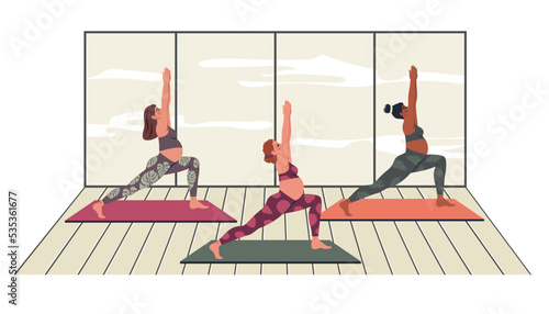 Pregnant women practice yoga. Future mothers of different nationalities doing exercises, meditation, pilates, breathing practice in yoga class. Female character on group training.  Vector illustration