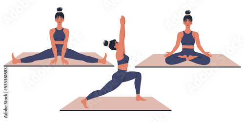 Young women does yoga, fitness, stretching on yoga mat. Set of beautiful girls in sportswear sitting in lotus pose. Vector flat illustration for pilates, meditation, healthy lifestyle, online training