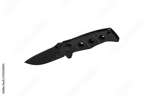 Khaki pocket folding knife. Compact metal sharp tactical knife with a folding blade. Isolate on a white back.