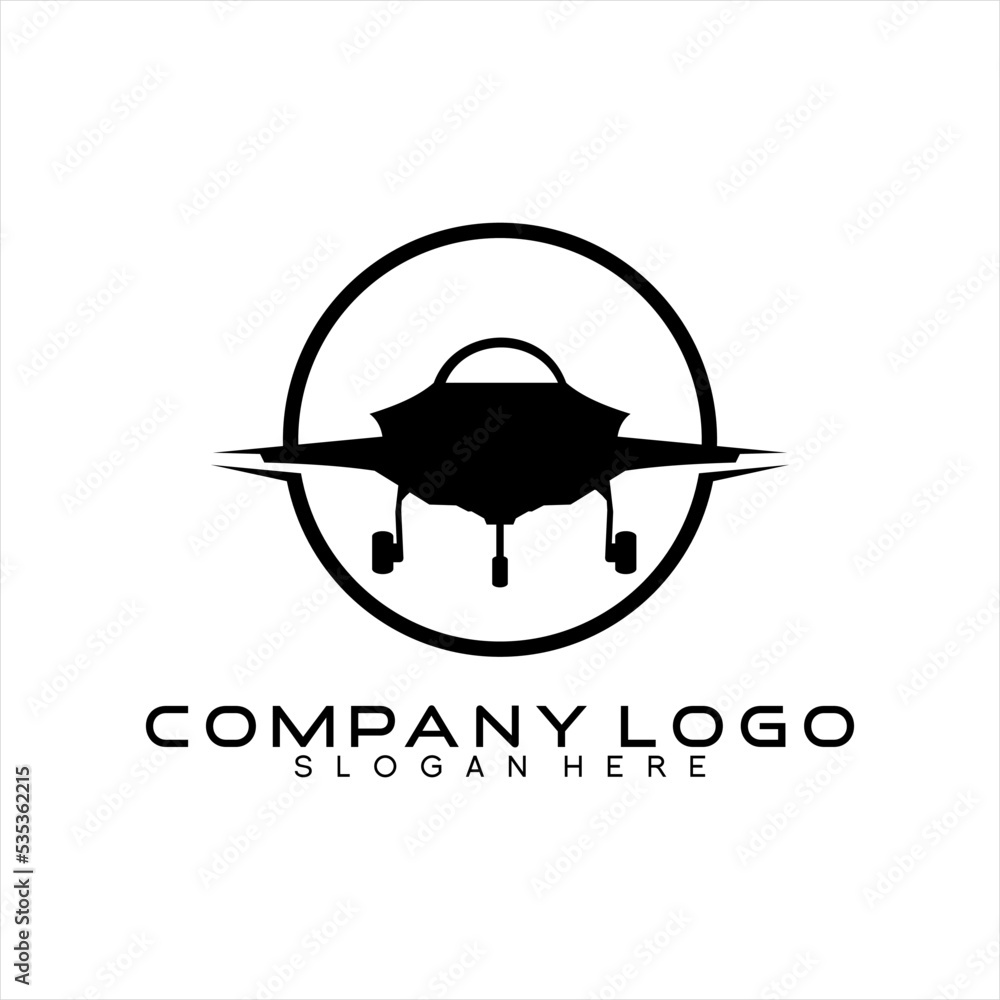 Vector logo design illustration of a jet airplane silhouette.