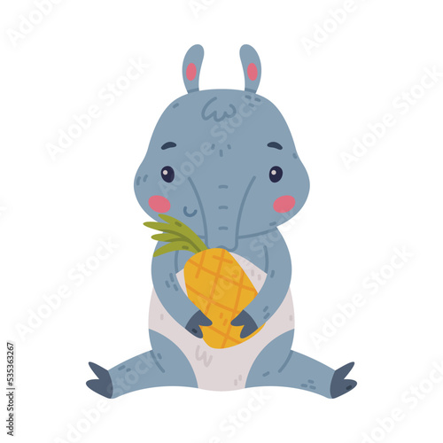 Cute Grey Tapir Animal with Proboscis Sitting with Pineapple Vector Illustration