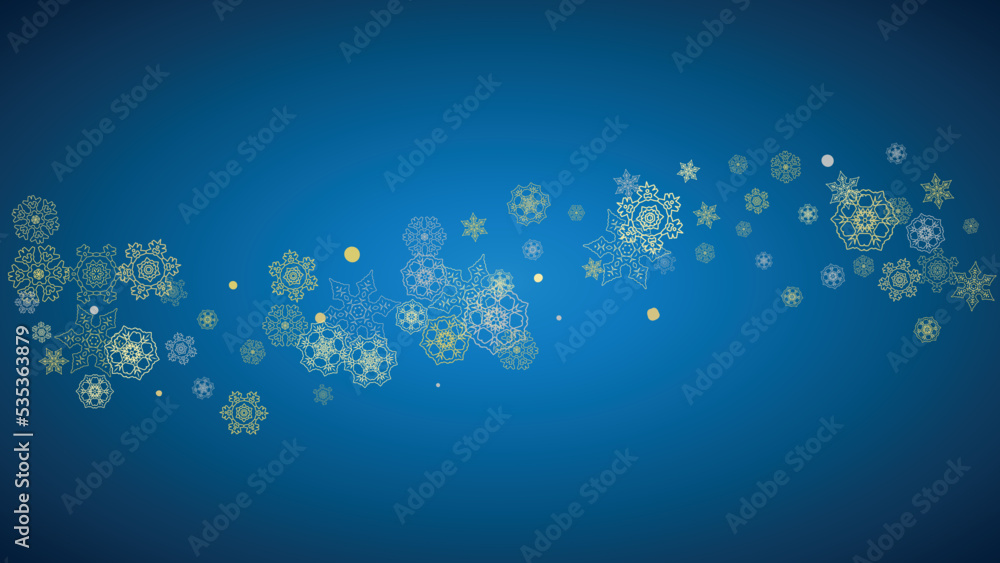 New Year frame with gold snowflakes on blue background. Horizontal Christmas and New Year frame for gift certificate, ads, banner, flyer, sales offers, event invitations. Glitter snow with sparkle New Year frame with gold snowflakes on blue background. Horizontal Christmas and New Year frame for gift certificate, ads, banner, flyer, sales offers, event invitations. Glitter snow with sparkle