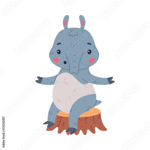 Cute Grey Tapir Animal with Proboscis Sitting on Tree Stump Vector Illustration