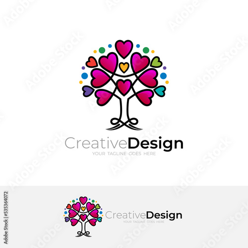 Tree logo with love design template, 3d colorful icons