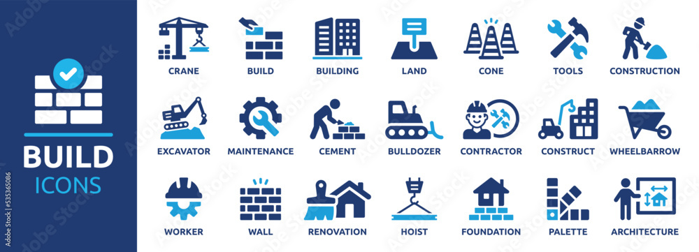 Build and construction icon element set. Containing crane, building, land, excavator, maintenance, contractor, worker, architecture and more. Solid icons vector collection. - obrazy, fototapety, plakaty 