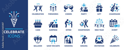 Celebrate icon set. Containing celebration, fireworks, cheers, party, gift, champagne, surprise, event, balloon and invitation. Solid icons vector collection.