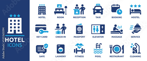 Hotel service icon set. Hospitality symbol, room, service, booking, facilities and more. Solid icons vector collection.