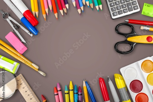 Education supplies and stationary at background texture. School concept idea