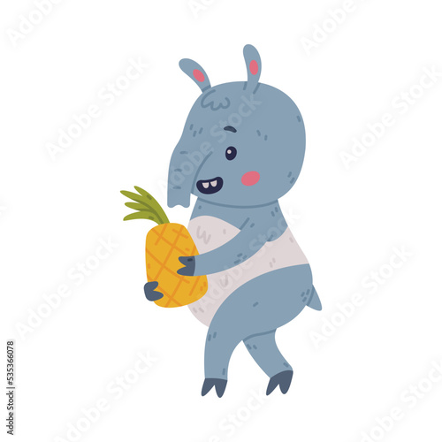 Cute Grey Tapir Animal with Proboscis Carrying Pineapple Fruit Vector Illustration