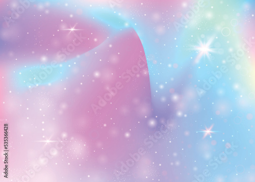 Magic background with rainbow mesh. Liquid universe banner in princess colors. Fantasy gradient backdrop with hologram. Holographic magic background with fairy sparkles, stars and blurs.