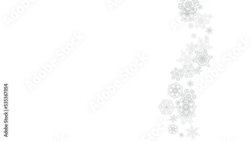 Snowflakes falling on white background. Horizontal Christmas and Happy New Year theme. Silver falling snowflakes for banner, gift card, party invitation, partner compliment and special business offers