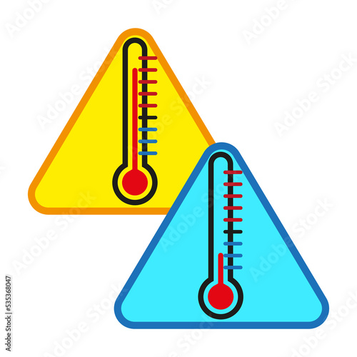 Icon with thermometers in triangles sign. Caution warning sign sticker. Vector illustration. Stock image. 