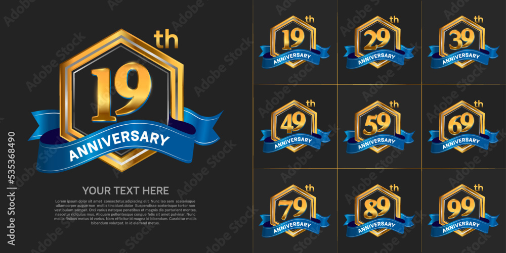 set of anniversary with gold color and blue ribbon can be use for celebration event set of anniversary with gold color and blue ribbon can be use for celebration event