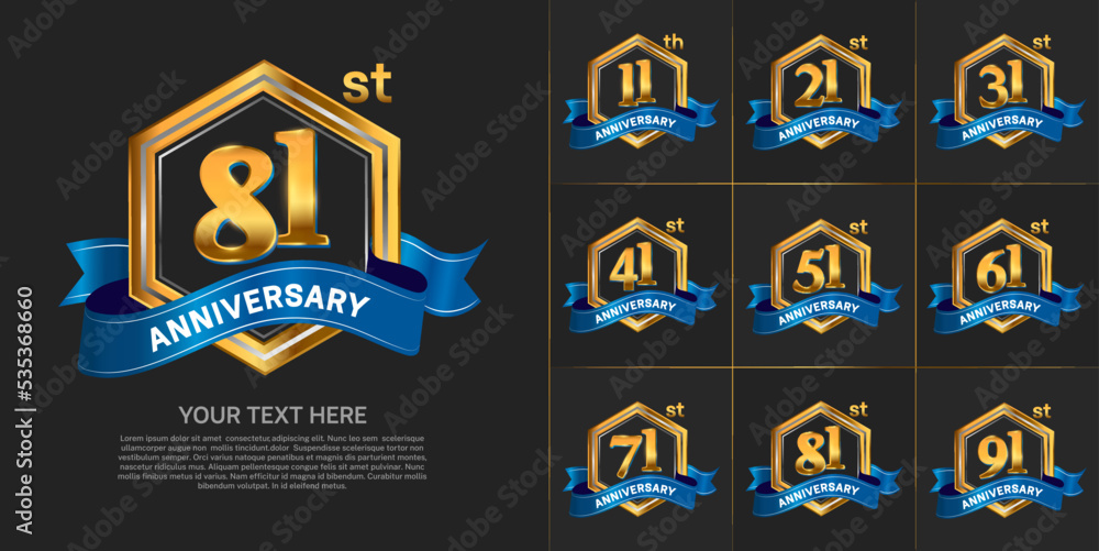 set of anniversary with gold color and blue ribbon can be use for celebration event