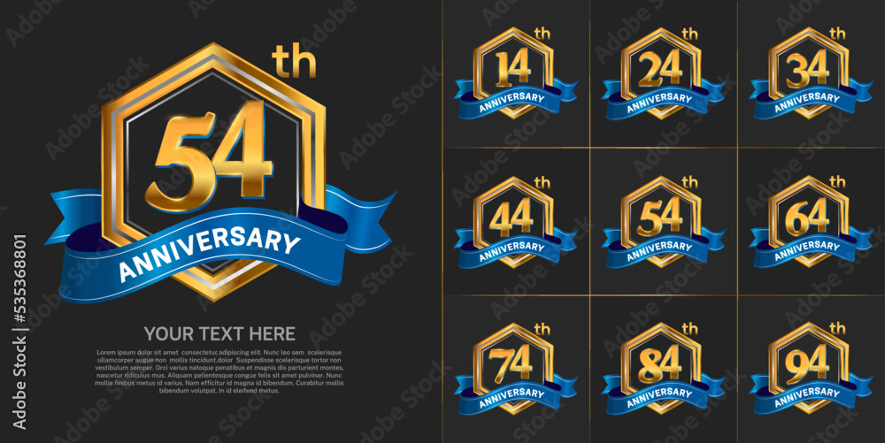 set of anniversary with gold color and blue ribbon can be use for celebration event set of anniversary with gold color and blue ribbon can be use for celebration event