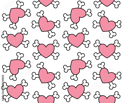 Vector seamless pattern of flat heart with crossed bones isolated on white background