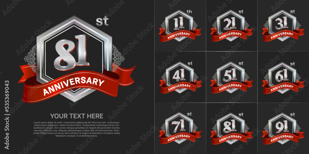 Naklejka premium set of anniversary with silver color and red ribbon can be use for celebration event