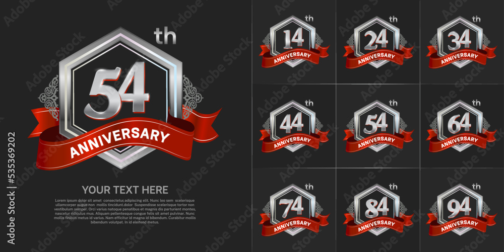 Naklejka premium set of anniversary with silver color and red ribbon can be use for celebration event
