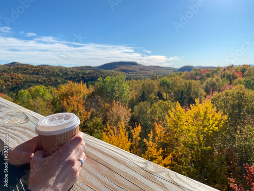 Person drinking coffee in the forest. Woman standing on a bridge over the forest with a cup in her hands.  Looking at beautiful mountains. High platform above the tree tops, autumn in the park.