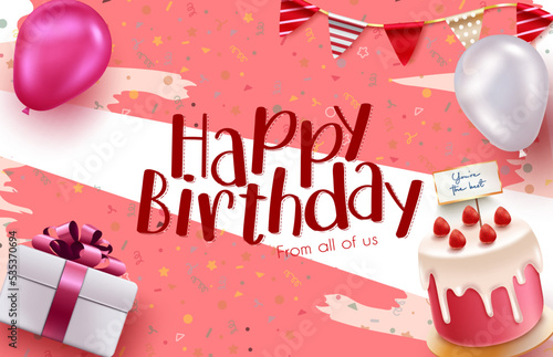 Happy birthday vector background design. Birthday greeting text in pattern background with cake, gift and pennants for birth day party. Vector illustration.
