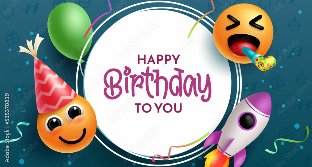 Birthday text vector template design. Happy birthday greeting typography in empty circle space with emoji and emoticons character. Vector Illustration.
Birthday text vector template design. Happy birthday greeting typography in empty circle space with emoji and emoticons character. Vector Illustration.