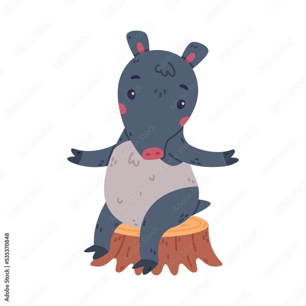 Cute Grey Tapir Animal with Proboscis Sitting on Tree Stump Vector Illustration Cute Grey Tapir Animal with Proboscis Sitting on Tree Stump Vector Illustration