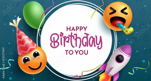 Birthday text vector template design. Happy birthday greeting typography in empty circle space with emoji and emoticons character. Vector Illustration. 