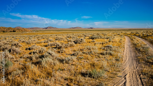 Fototapeta Naklejka Na Ścianę i Meble -  Vast open sagebrush covered prairie with Granite Mountains of Wyoming on the horizon
