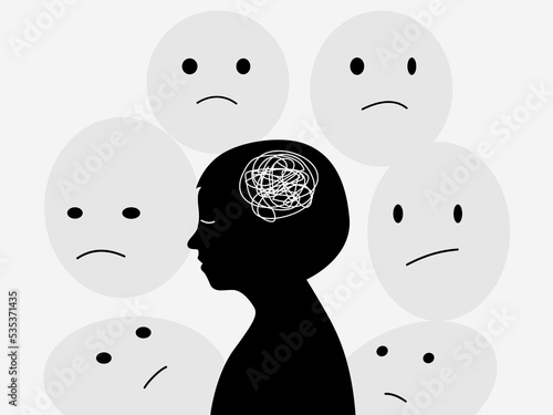 Silhouette of a boy get stress and sad emotion with stigma . Kid mental health concept. flat vector illustration. design for banner and poster. photo