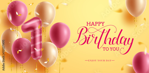 Birthday greeting vector background design. Happy birthday greeting text with balloon and number in yellow space for 1st birth day milestone celebration. Vector illustration. 

