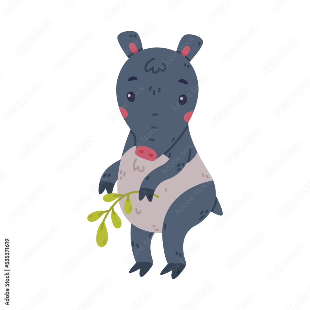 Naklejka premium Cute Grey Tapir Animal with Proboscis Standing with Green Twig Vector Illustration
