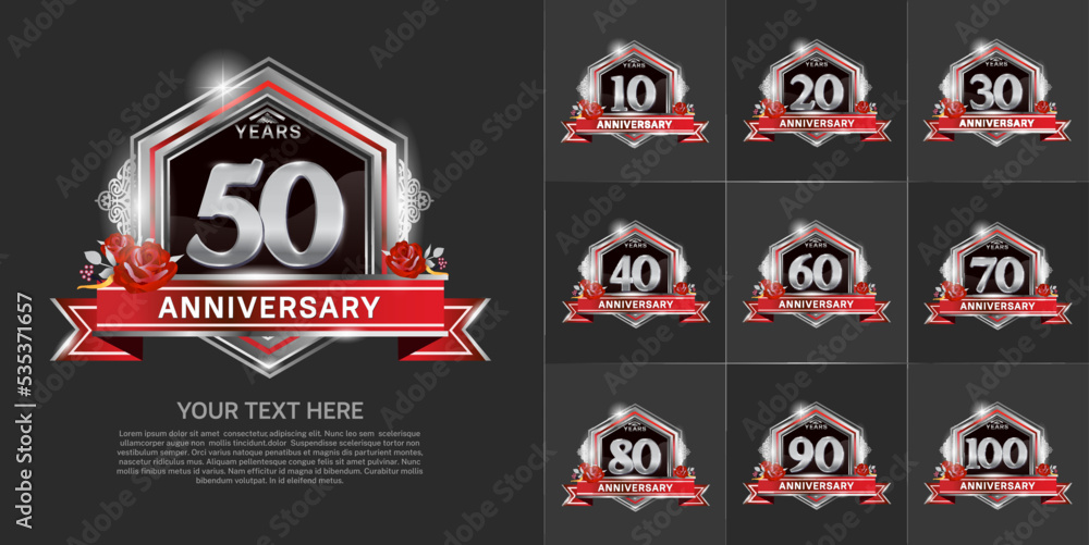 set of anniversary with silver color and red ribbon can be use for celebration event set of anniversary with silver color and red ribbon can be use for celebration event