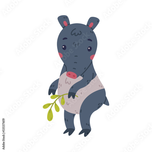 Cute Grey Tapir Animal with Proboscis Standing with Green Twig Vector Illustration