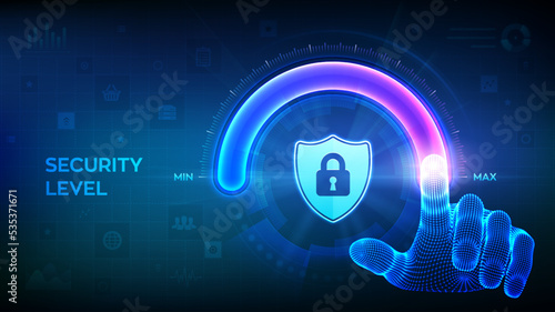 Increasing Security level. Cyber security concept. Wireframe hand is pulling up to the maximum position circle progress bar with the secure shield icon. Enhance data protection. Vector illustration. photo