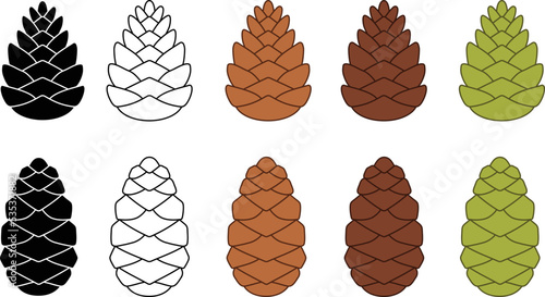 Pinecone Clipart Set - Outline, Silhouette and Color