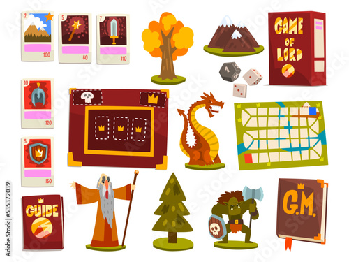 Fantasy Magic Board Game Elements with Map and Cards Vector Set