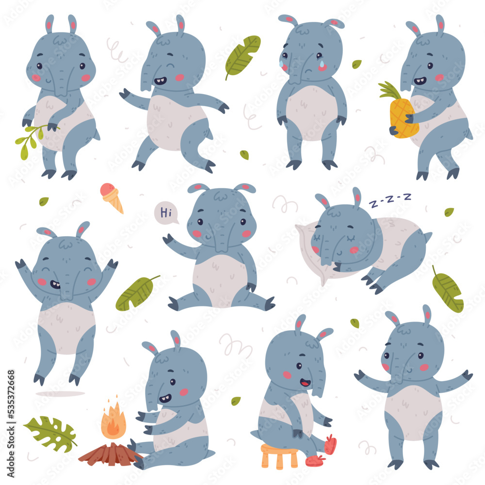 Cute Tapir Animal with Proboscis Engaged in Different Activity Vector Set Cute Tapir Animal with Proboscis Engaged in Different Activity Vector Set