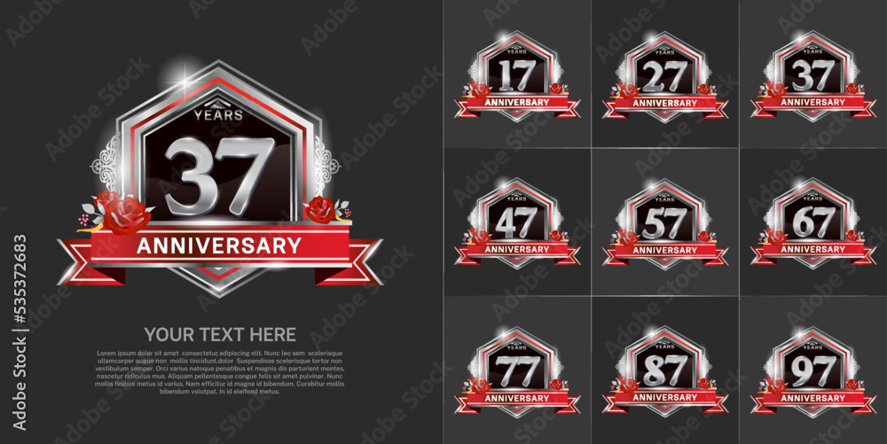 set of anniversary with silver color and red ribbon can be use for celebration event