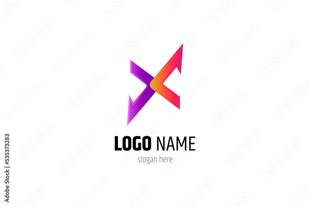 X logo with arrow combination in orange and purple gradient colors X logo with arrow combination in orange and purple gradient colors