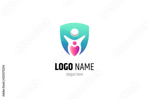 Family love care logo with shield combination in green and pink gradient colors
