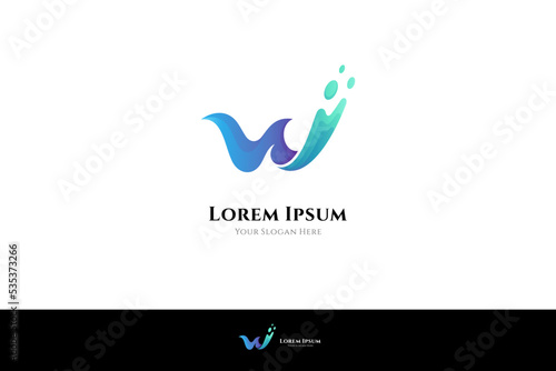 W logo with wave combination in blue gradient color