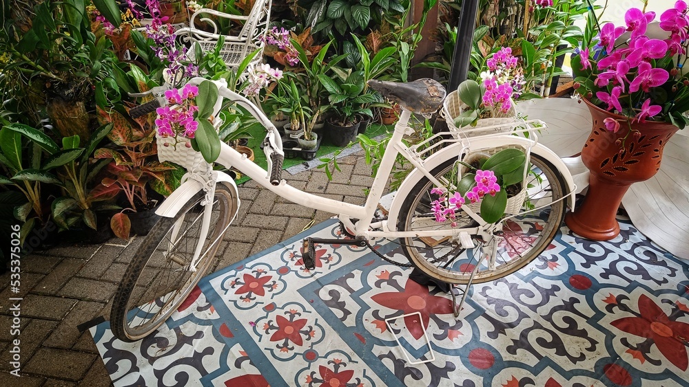 Classic white bicycle in the middle of an orchid garden for decoration