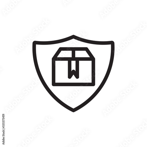 shipping box with shield symbol. Secure delivery icon vector. Product delivery guarantee protection.