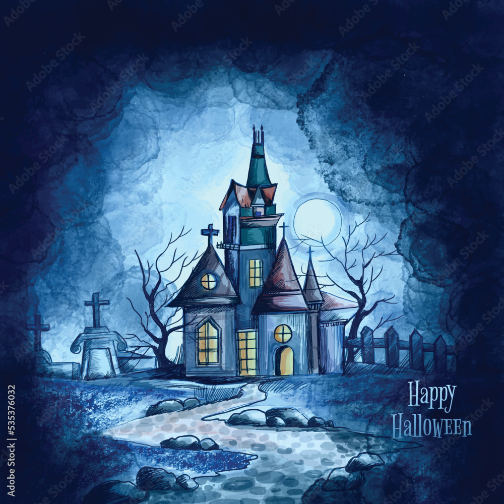 Haunted house with moon in the crows background