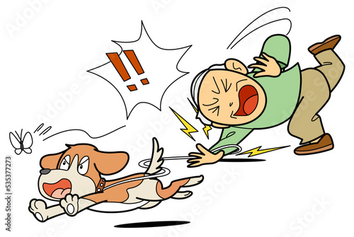 散歩で転倒する老人