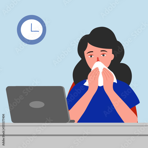Sick woman working in office concept vector illustration. Businesswoman catch a cold.
