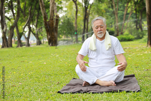 Asian senior man practice yoga exercise, stretching, tai chi tranining and meditation while sitting on yoga mat for healthy in park outdoor after retirement. Happy elderly outdoor lifestyle concept